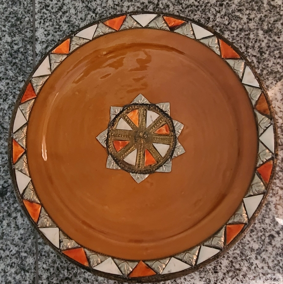 Large Bowl with Inlaid Camel Bone Metal Ceramic Bowl Morocco 13" Diameter Orange - Picture 7 of 8